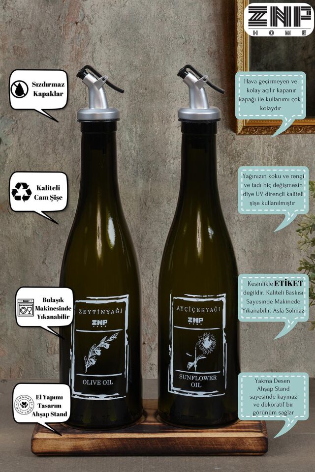 Amber | Ahşap Standlı 2'li 350 ml Zeytinyağı Sıvıyağ Şişesi Yağlık Yağdanlık
