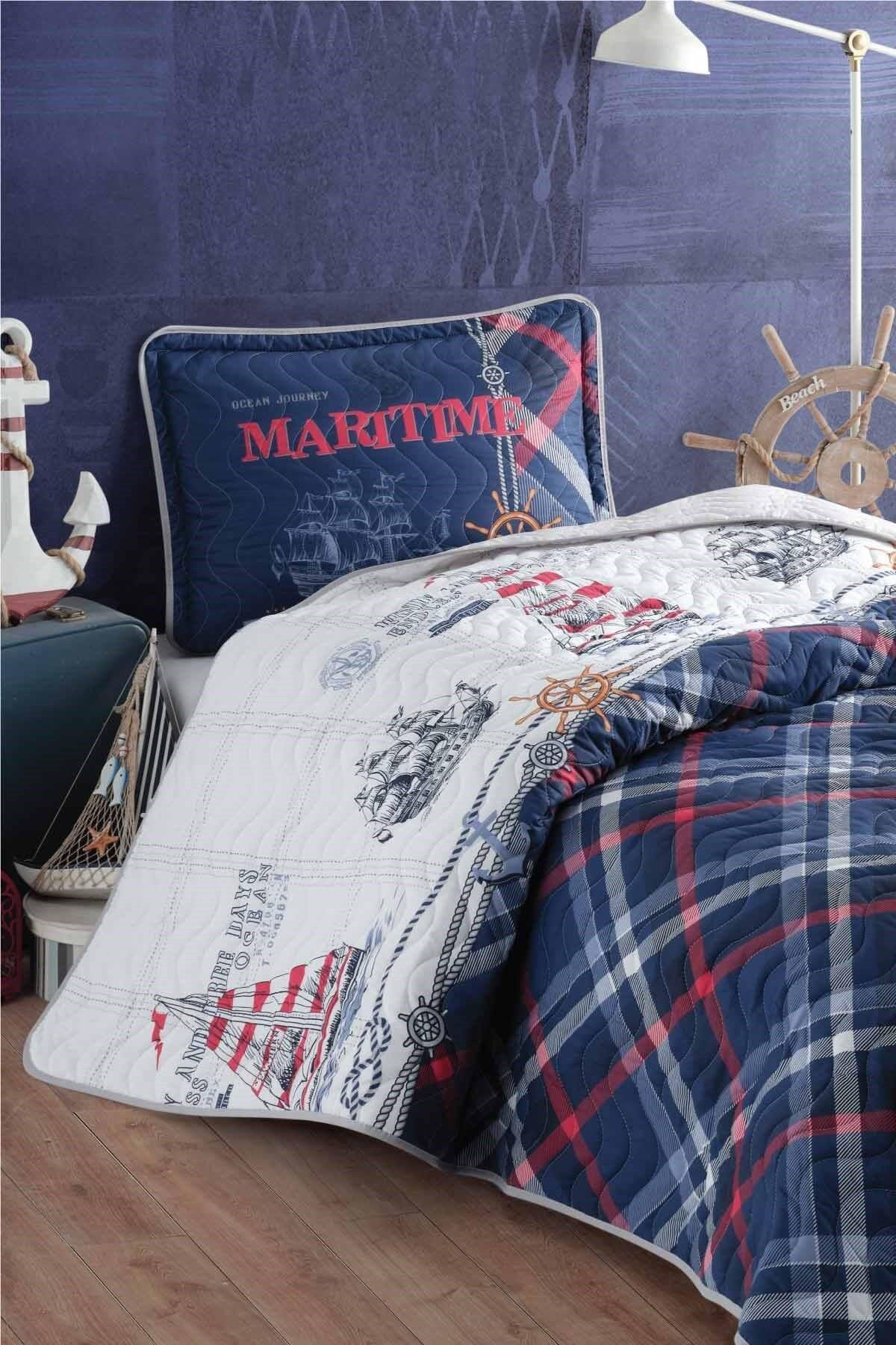 Clasy Ranforce 100% Pamuk Tek Kişilik Yatak Örtüsü MARITIME V1 LACİVERT