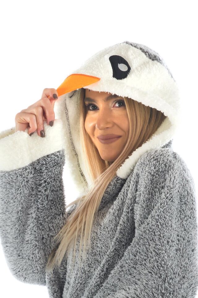 Penguen Nakışlı Kapşonlu Wellsoft Peluş Sabahlık | Bornoz