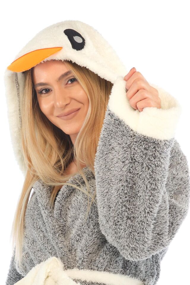Penguen Nakışlı Kapşonlu Wellsoft Peluş Sabahlık | Bornoz