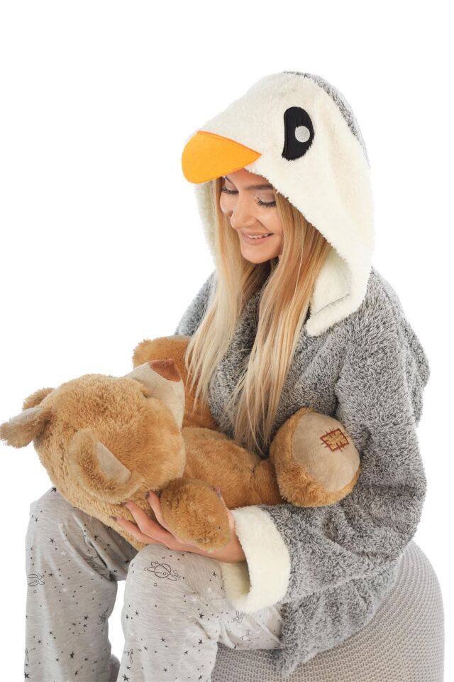 Penguen Nakışlı Kapşonlu Wellsoft Peluş Sabahlık | Bornoz