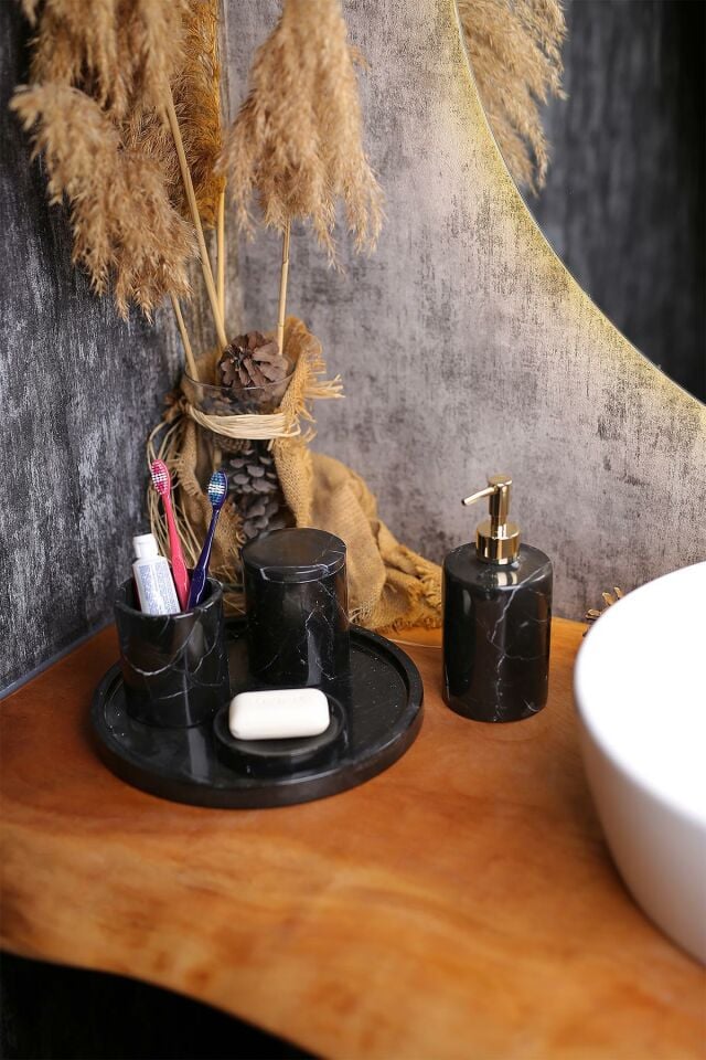 Mermer Banyo Seti 5’Li, Doğaltaş Mermer Banyo Aksesuar Seti Gri
