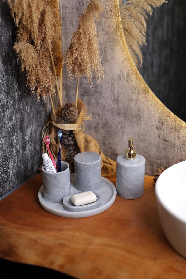 Mermer Banyo Seti 5’Li, Doğaltaş Mermer Banyo Aksesuar Seti Gri