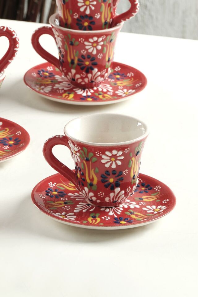 Vintage Kahve Fincan Takımı 6 Kişilik El Yapımı Türk Kahvesi Expresso Fincanı Seti Sarı