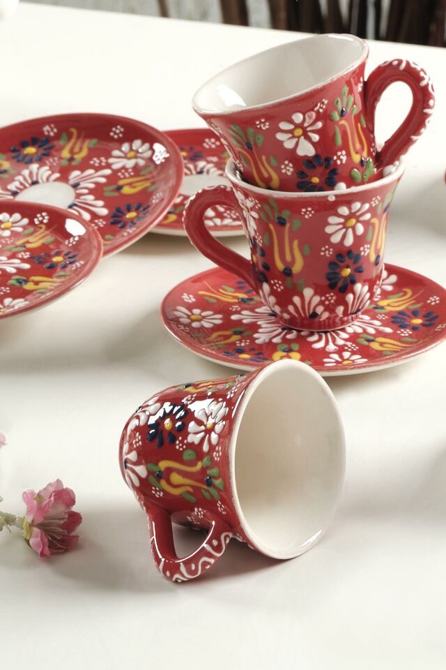 Vintage Kahve Fincan Takımı 6 Kişilik El Yapımı Türk Kahvesi Expresso Fincanı Seti Sarı