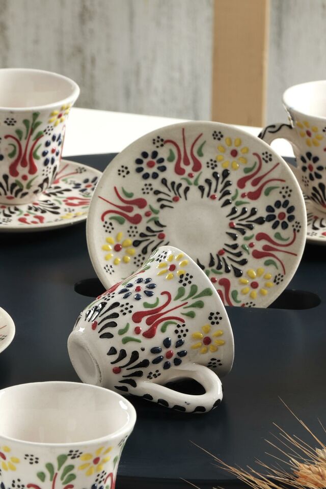 Vintage Kahve Fincan Takımı 6 Kişilik El Yapımı Türk Kahvesi Expresso Fincanı Seti Beyaz