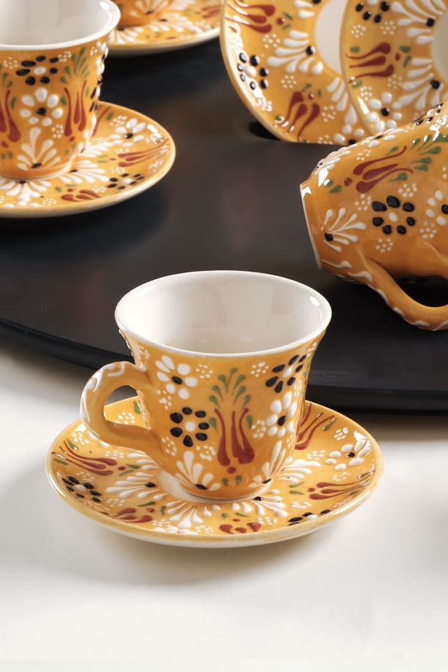 Vintage Kahve Fincan Takımı 6 Kişilik El Yapımı Türk Kahvesi Expresso Fincanı Seti Sarı
