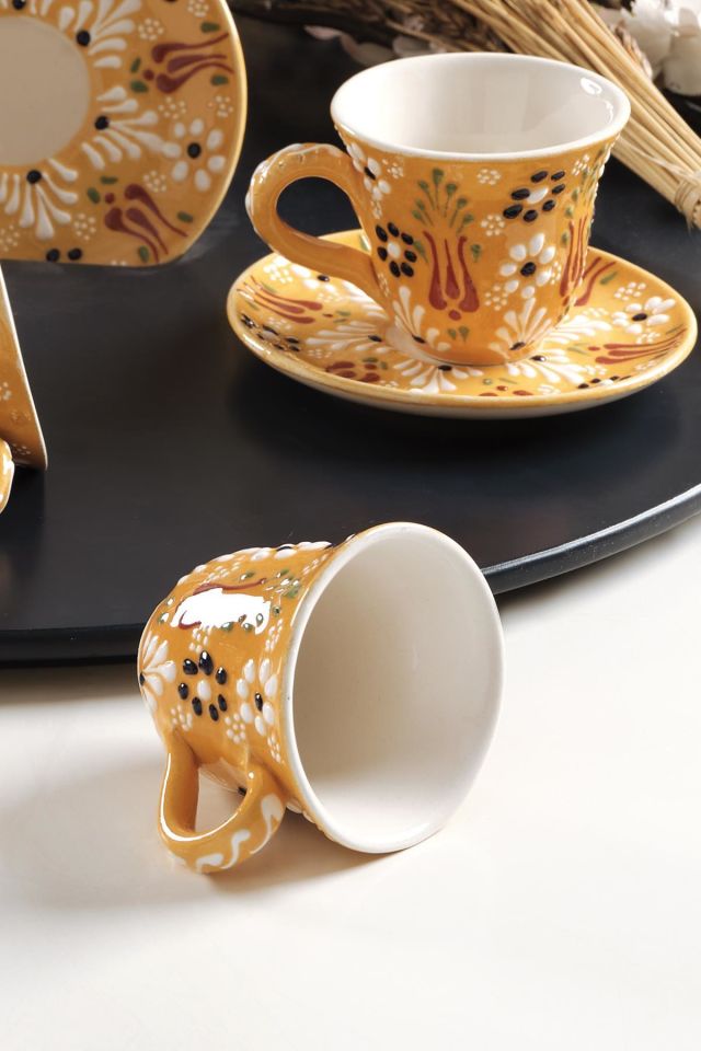 Vintage Kahve Fincan Takımı 6 Kişilik El Yapımı Türk Kahvesi Expresso Fincanı Seti Sarı