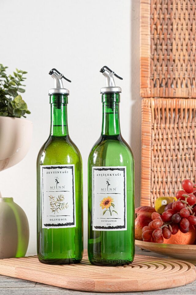 Amber | Ahşap Standlı 2'li 350 ml Zeytinyağı Sıvıyağ Şişesi Yağlık Yağdanlık