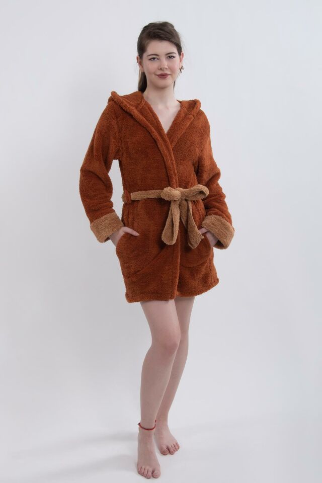 Fleece | Wellsoft Peluş Sabahlık | Robdeşambr | Kapşonlu Bornoz Kahve