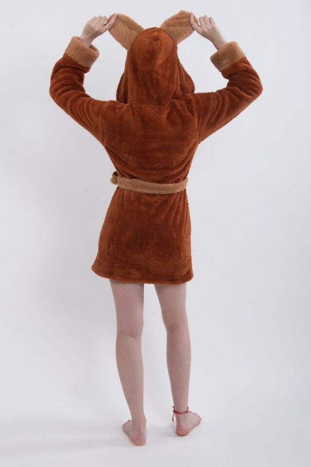 Fleece | Wellsoft Peluş Sabahlık | Robdeşambr | Kapşonlu Bornoz Kahve