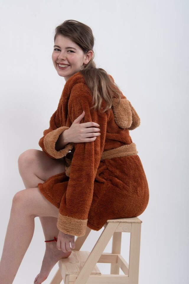 Fleece | Wellsoft Peluş Sabahlık | Robdeşambr | Kapşonlu Bornoz Kahve
