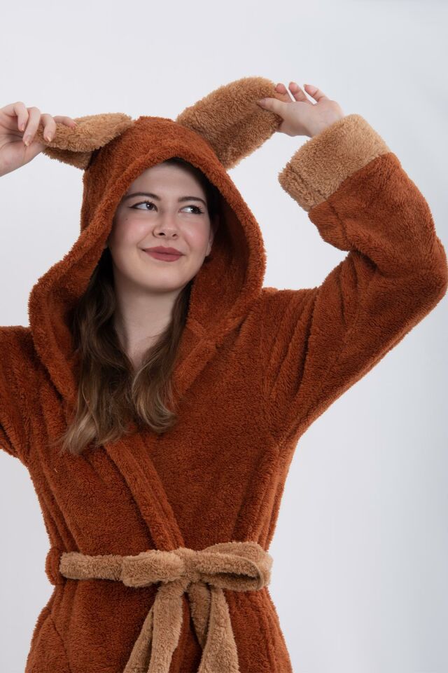 Fleece | Wellsoft Peluş Sabahlık | Robdeşambr | Kapşonlu Bornoz Kahve