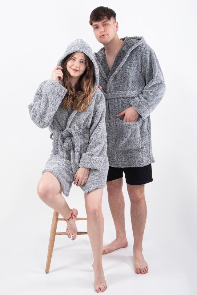 Plain Unisex Sabahlık Bornoz Wellsoft Peluş Kapşunlu Erkek Kadın Sabahlık