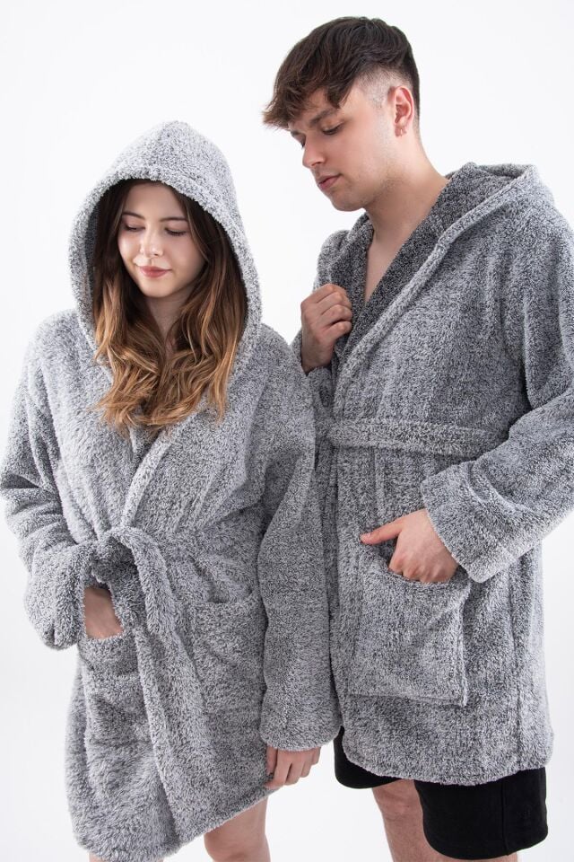 Plain Unisex Sabahlık Bornoz Wellsoft Peluş Kapşunlu Erkek Kadın Sabahlık
