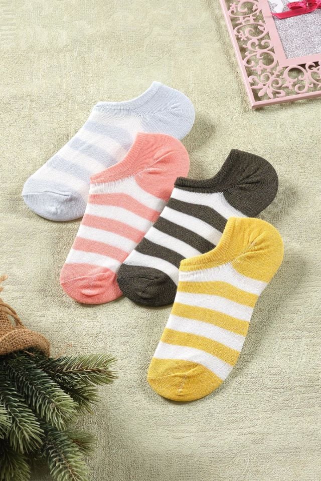 4 Çift Kadın Çizgili Kısa Çorap | Extra Soft Unisex Pamuklu Patik Çorap
