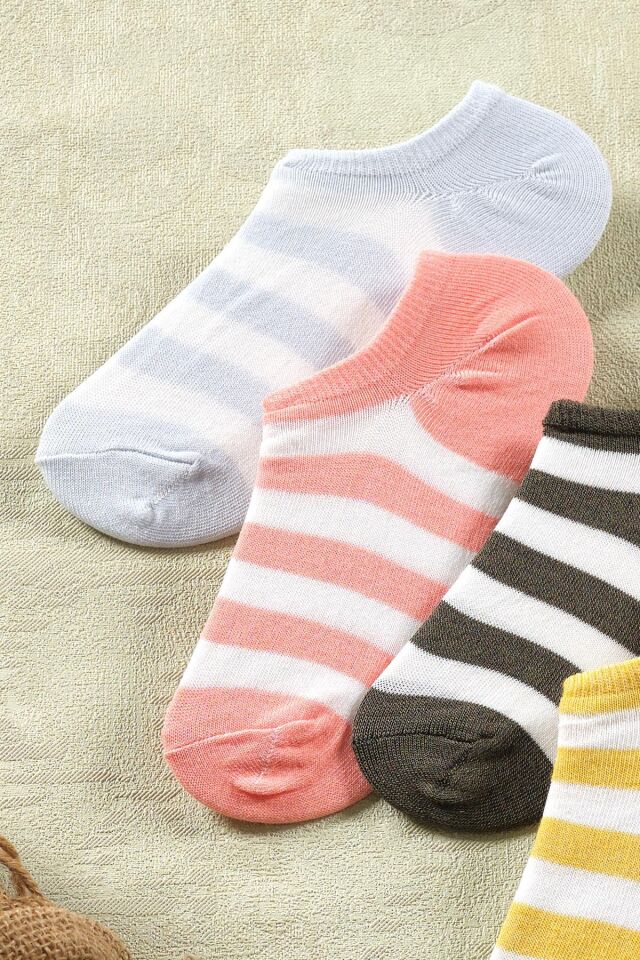 4 Çift Kadın Çizgili Kısa Çorap | Extra Soft Unisex Pamuklu Patik Çorap