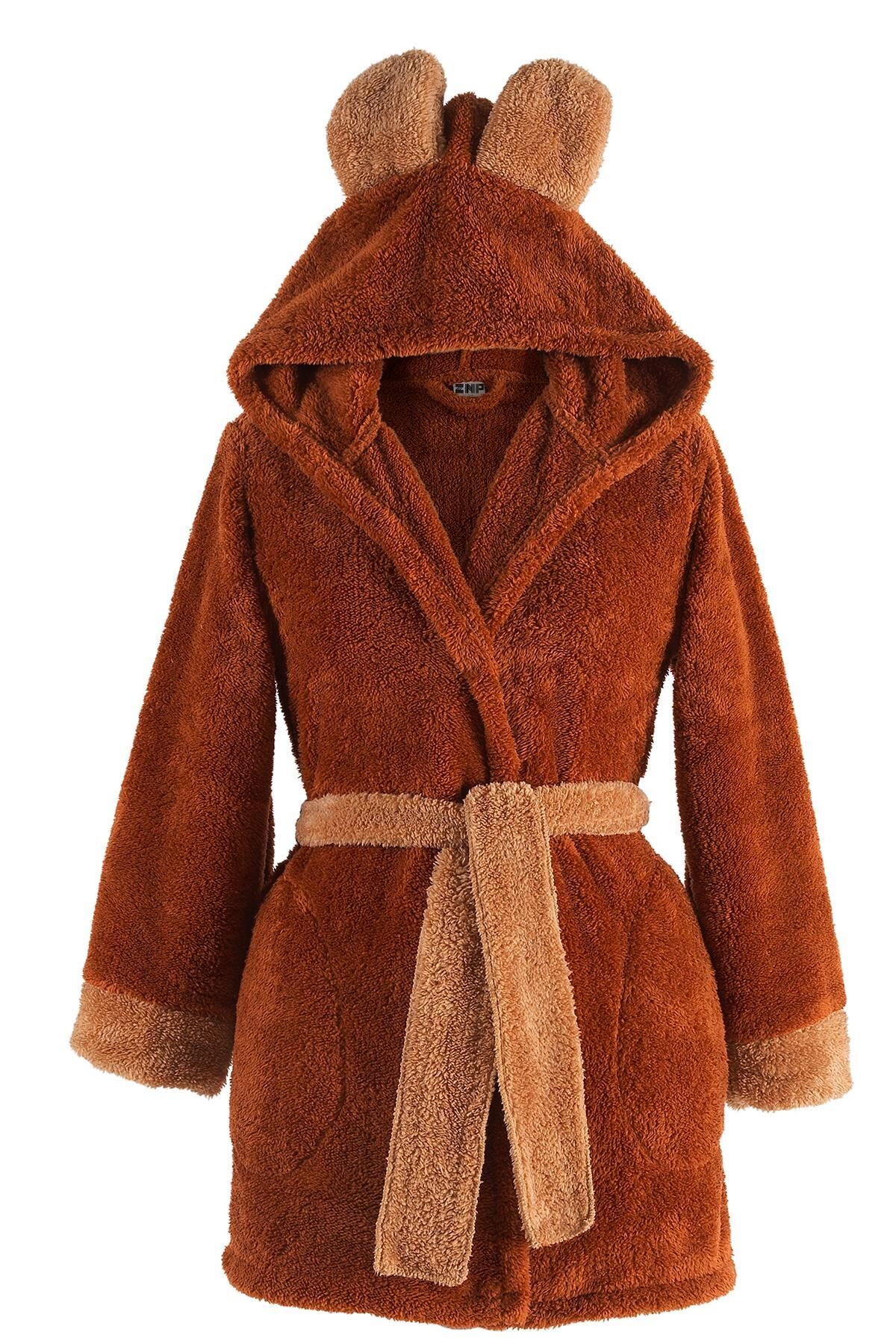 Fleece | Kapşonlu Wellsoft Peluş Sabahlık | Robdeşambr |  Bornoz Kahve