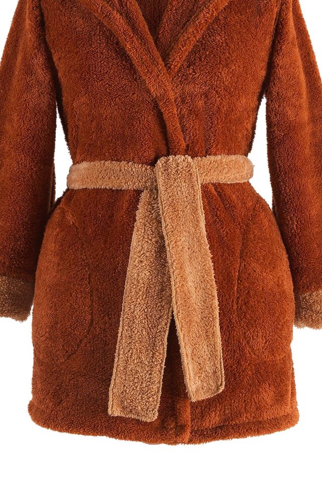 Fleece | Kapşonlu Wellsoft Peluş Sabahlık | Robdeşambr |  Bornoz Kahve