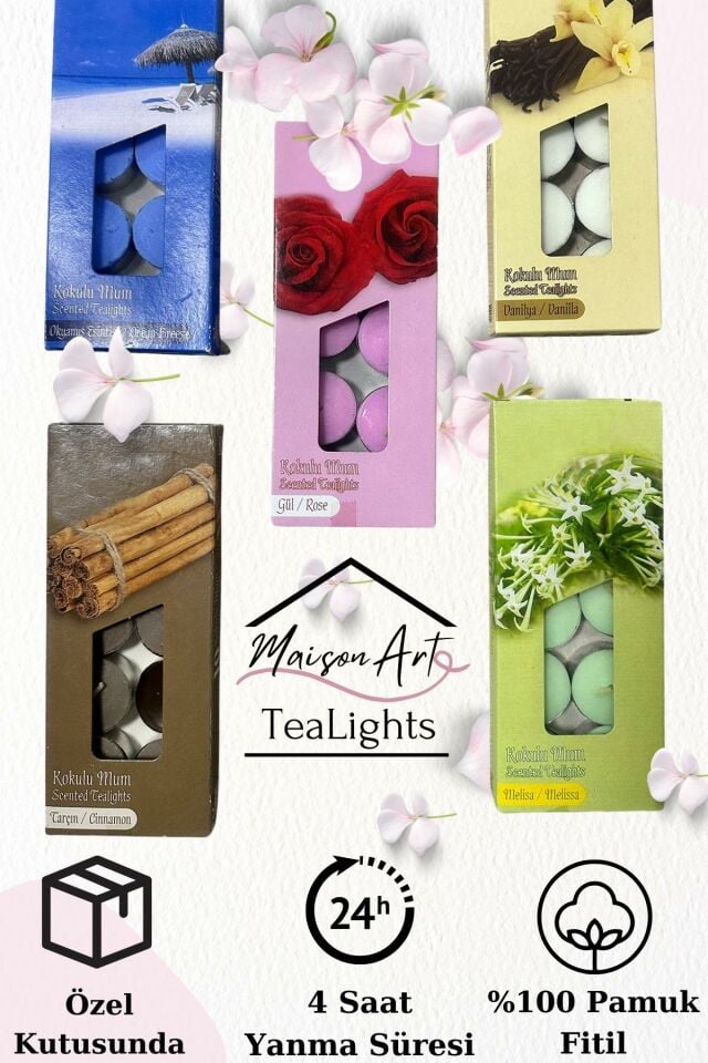 10 Adet | Papatya Kokulu Tealight Mum | 4 Saat Yanar | Dekoratif Mumluk Mumu