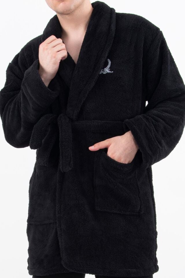 Rob | Wellsoft Peluş Erkek Sabahlık Polar | Robdeşambr | Bornoz Siyah - S/M