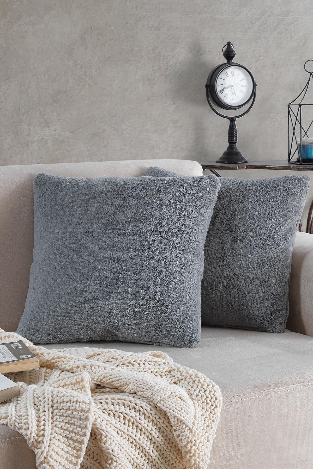 Sofa | 2 Adet Gri Renk Welsoft Kırlent Kılıfı Yastık Kılıfı 44x44 Cm
