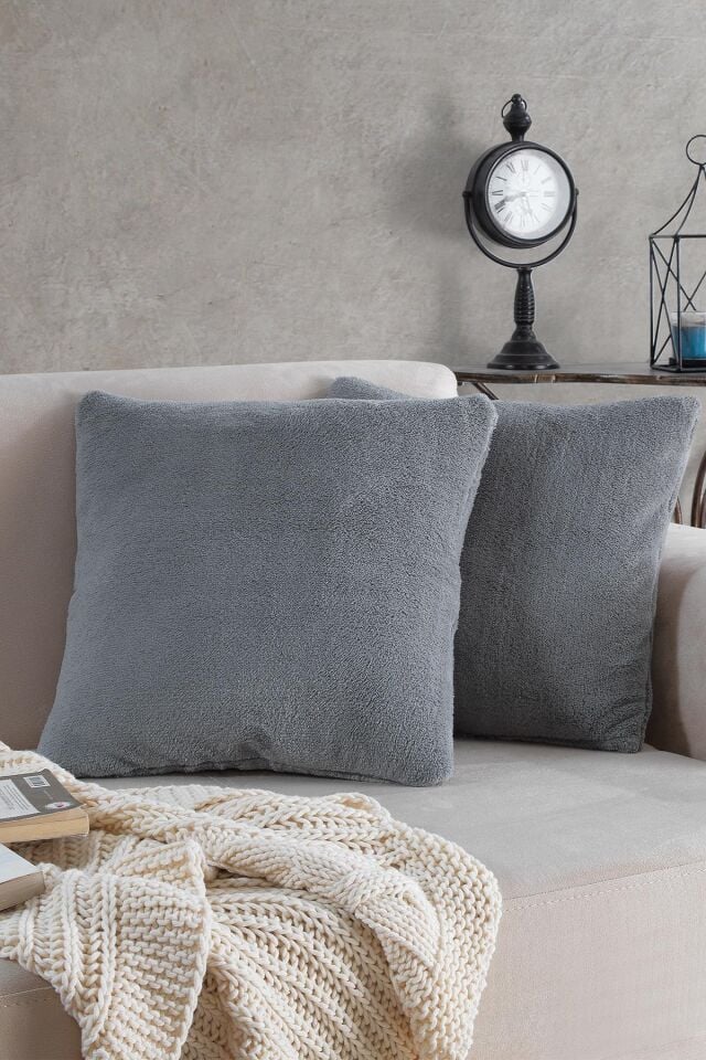Sofa | 2 Adet Gri Renk Welsoft Kırlent Kılıfı Yastık Kılıfı 44x44 Cm