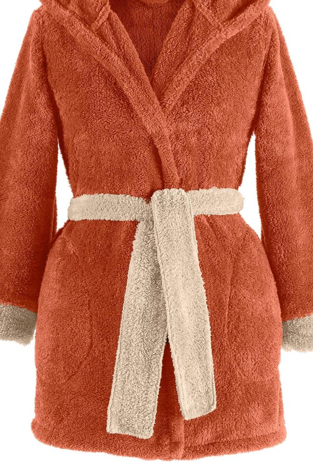 Fleece | Kapşonlu Wellsoft Peluş Sabahlık | Robdeşambr |  Bornoz Kiremit