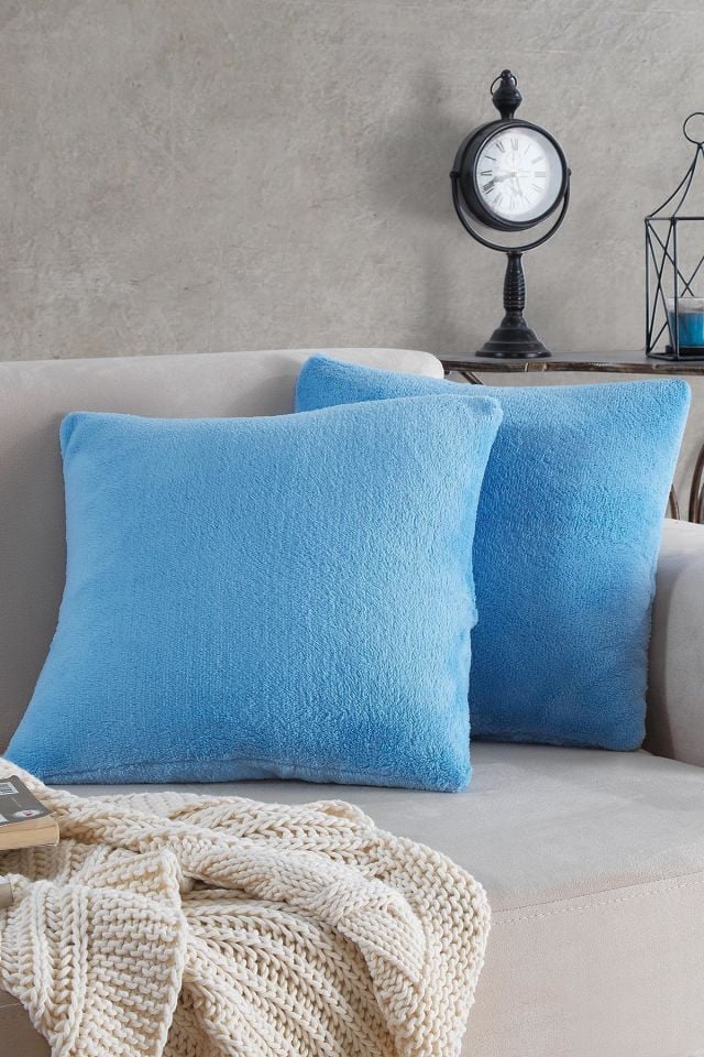 Sofa | 2 Adet Mavi Renk Welsoft Kırlent Kılıfı Yastık Kılıfı 44x44 Cm