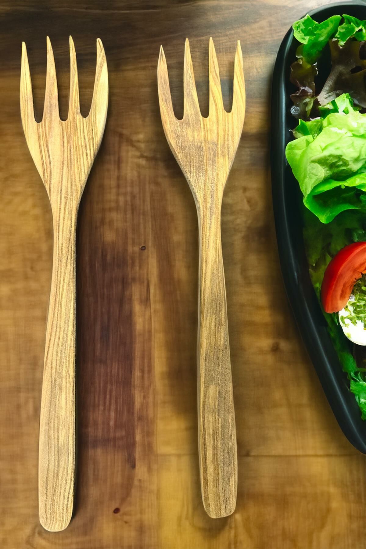 Zeytin Ağacı Çatal Seti | 2li El Yapımı Ahşap Salata Çatalı