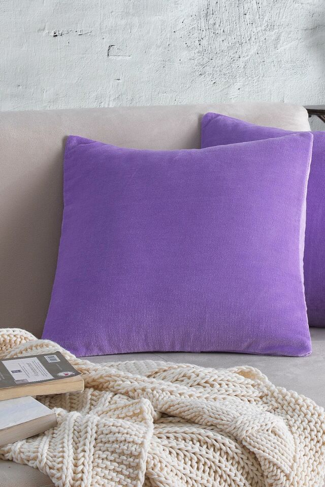 Cozy | 2 Adet Mor Renk Kadife Pamuklu Kırlent Yastık Kılıfı 44x44 Cm
