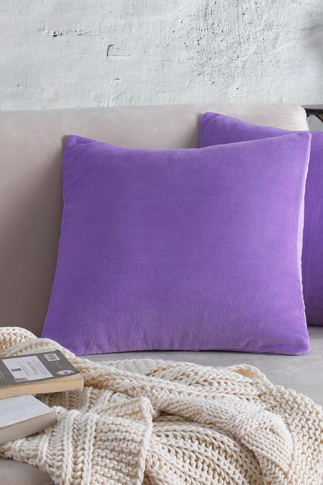 Cozy | 2 Adet Mor Renk Kadife Pamuklu Kırlent Yastık Kılıfı 44x44 Cm
